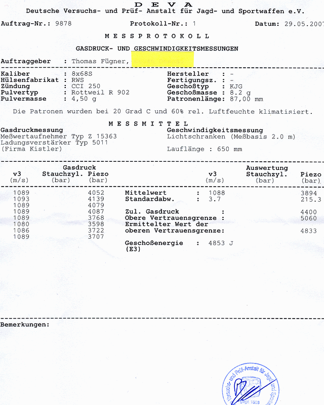 Deva Institut 8x68S Prüfbericht für R902 mit 8 mm S Lutz Möller Geschoß spitz