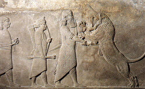 Assurbanipal (669 - 627 v. C.) bei der Löwenjagd